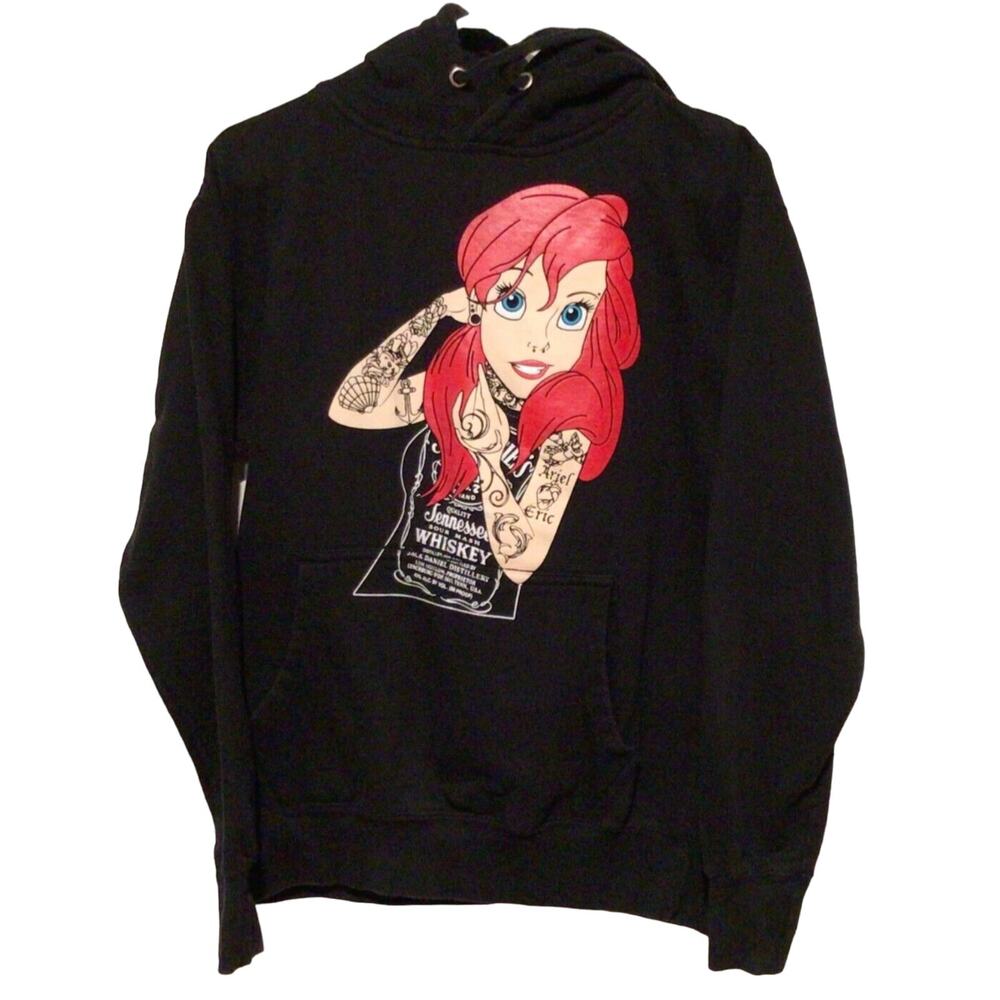 Ten Mermaid Ariel Punk Tattoos JD Whiskey Black Hoodie Sweatshirt Size Small